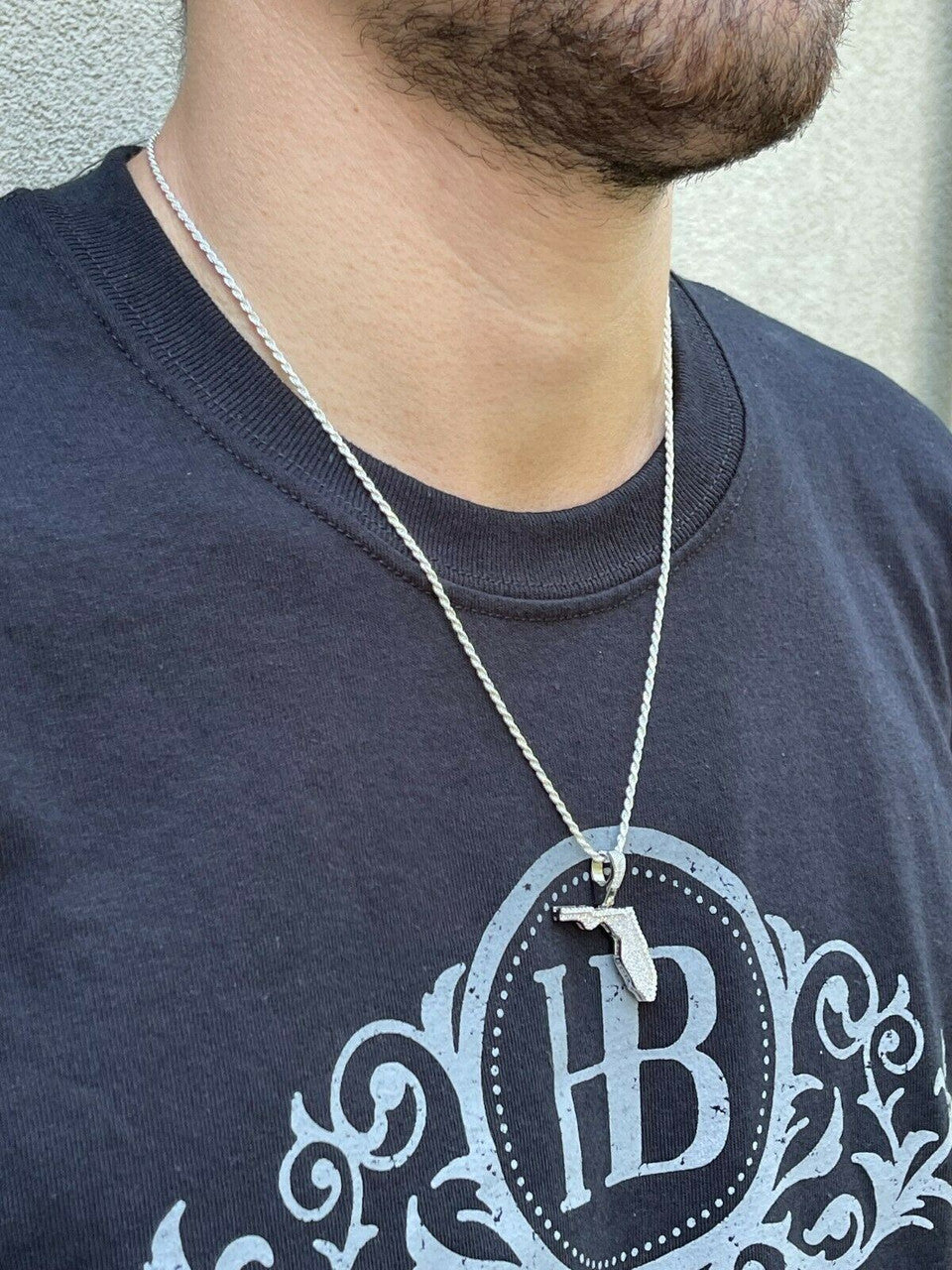 Hip Hop Real 925 Silver Hip Hop Florida State Shape Pendant Iced Diamond Necklace Gold