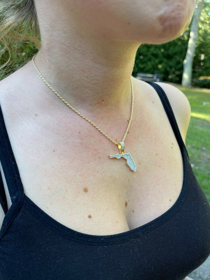 Hip Hop Real 925 Silver Hip Hop Florida State Shape Pendant Iced Diamond Necklace Gold