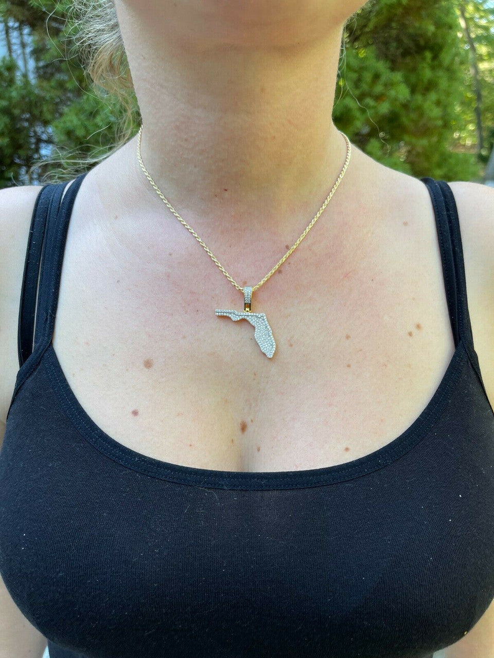 Hip Hop Real 925 Silver Hip Hop Florida State Shape Pendant Iced Diamond Necklace Gold