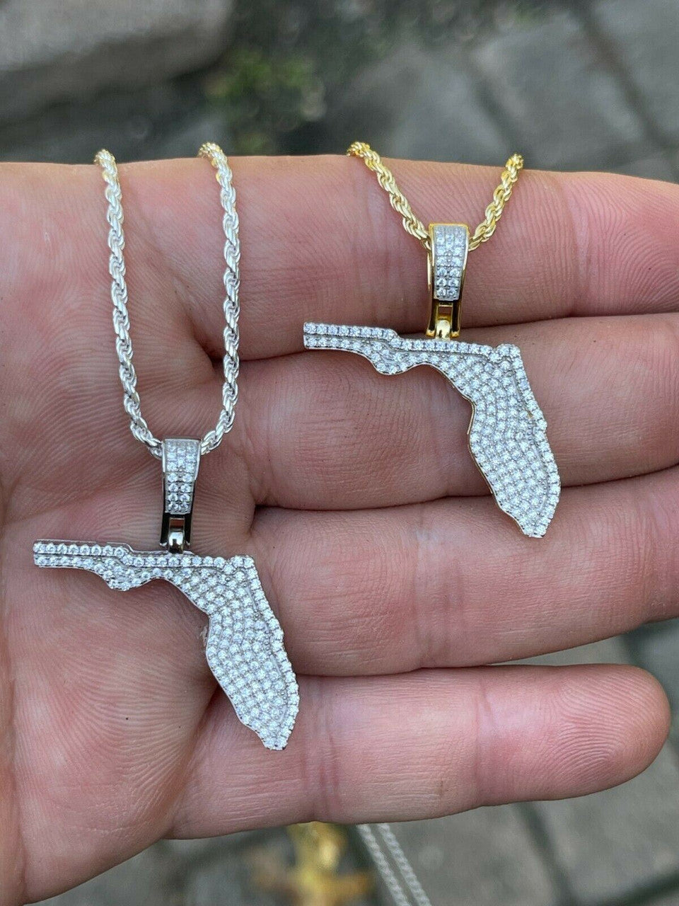 Hip Hop Real 925 Silver Hip Hop Florida State Shape Pendant Iced Diamond Necklace Gold