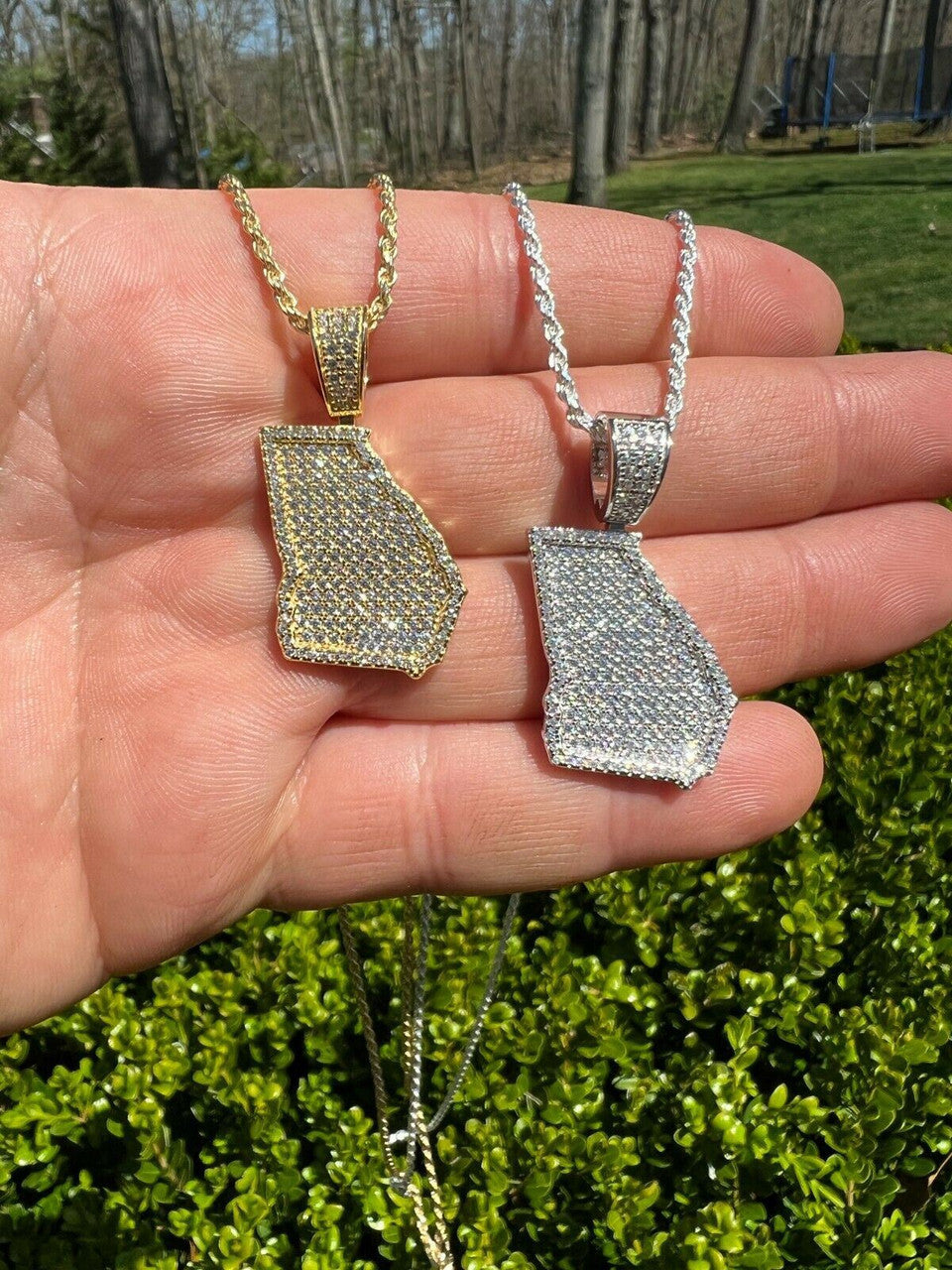 Real 925 Silver Hip Hop Texas State Shape Pendant - Iced CZ Gold Plated Necklace, Made In Italy