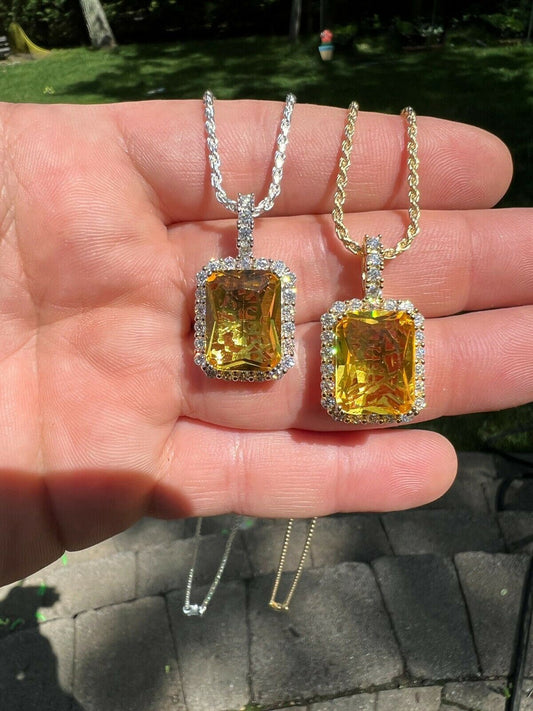 Hip Hop Real 925 Silver Hip Hop Iced Yellow Simulated Canary Diamond Pendant Necklace