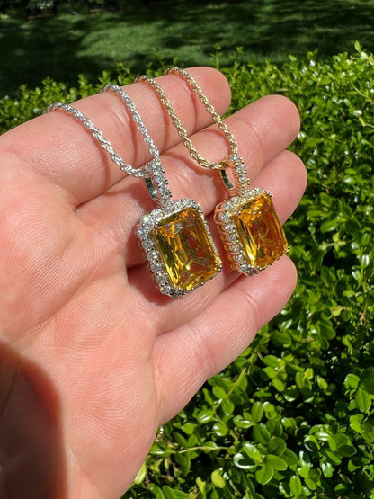 Hip Hop Real 925 Silver Hip Hop Iced Yellow Simulated Canary Diamond Pendant Necklace