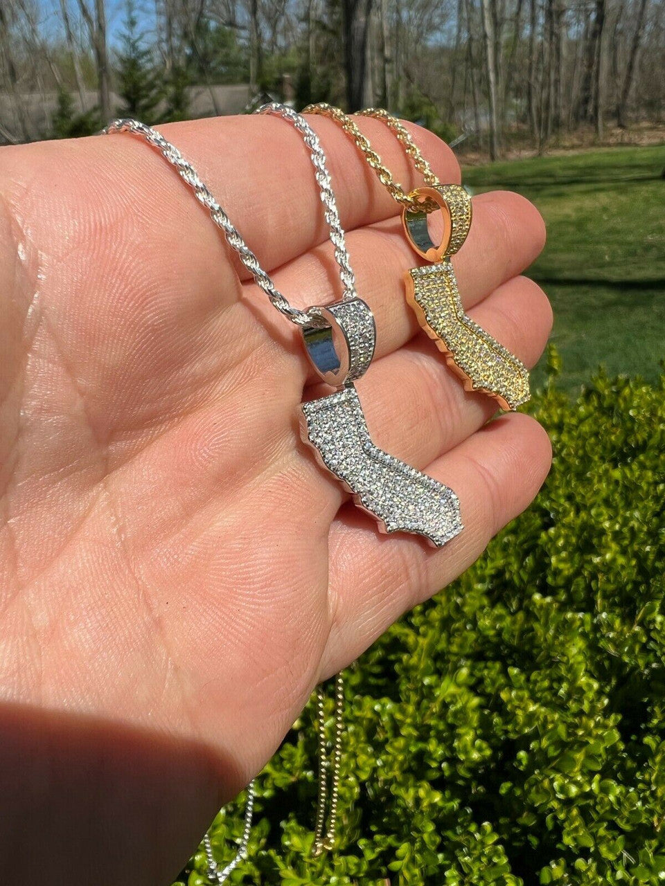 Hip Hop Real 925 Silver HipHop California State Shape Pendant Iced Diamond Necklace Gold