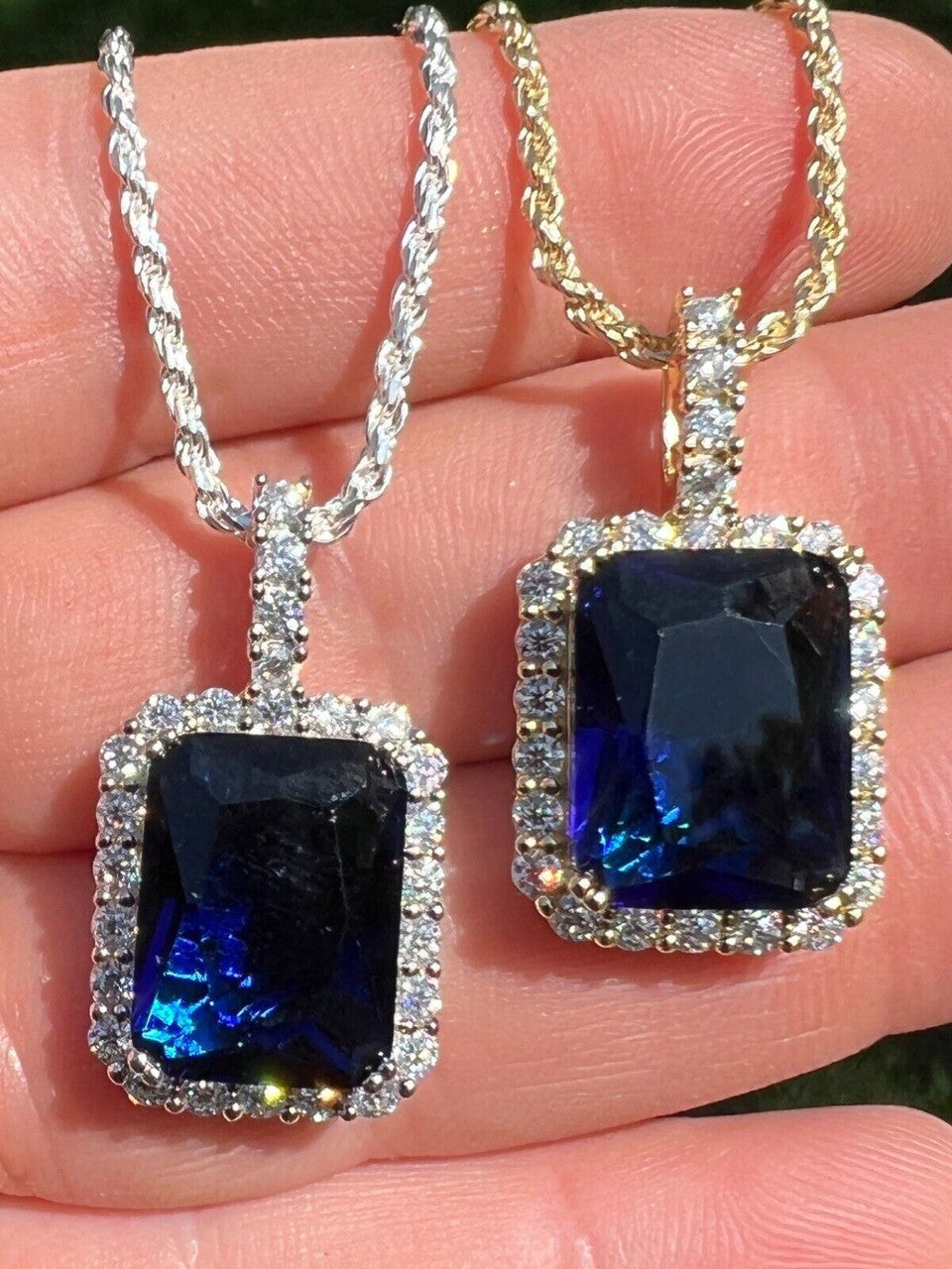 Hip Hop Real 925 Silver Iced Simulated Sapphire Stone Pendant Necklace