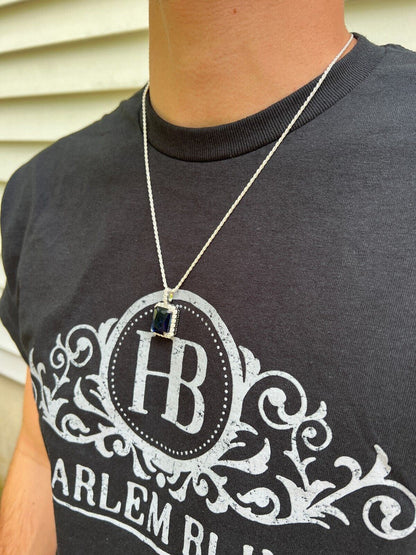 Hip Hop Real 925 Silver Iced Simulated Sapphire Stone Pendant Necklace