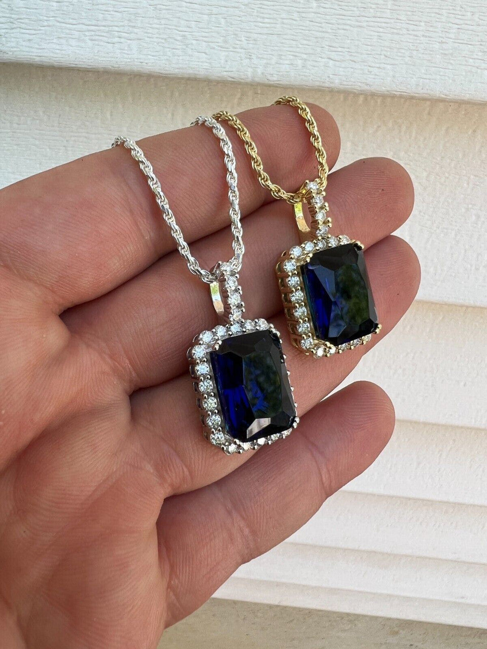 Hip Hop Real 925 Silver Iced Simulated Sapphire Stone Pendant Necklace