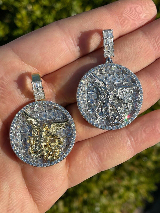 Hip Hop Real 925 Silver St Michael Archangel Necklace Pendant Ice Gold Hip Hop Medallion