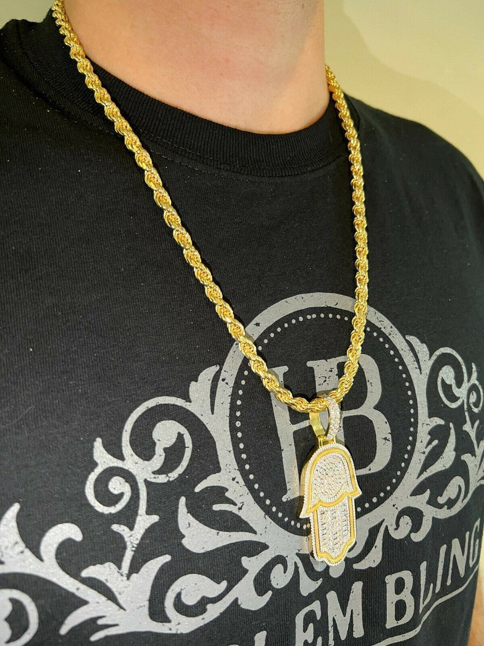 Hip Hop Real 925 Sterling Silver Gold Large Mens Hamsa Hand Pendant Ice Diamond Necklace