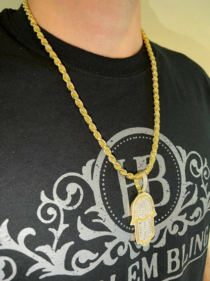 Hip Hop Real 925 Sterling Silver Gold Large Mens Hamsa Hand Pendant Ice Diamond Necklace