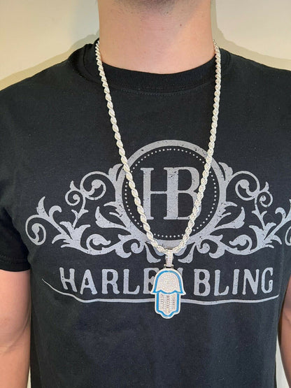 Hip Hop Real 925 Sterling Silver Gold Large Mens Hamsa Hand Pendant Ice Diamond Necklace