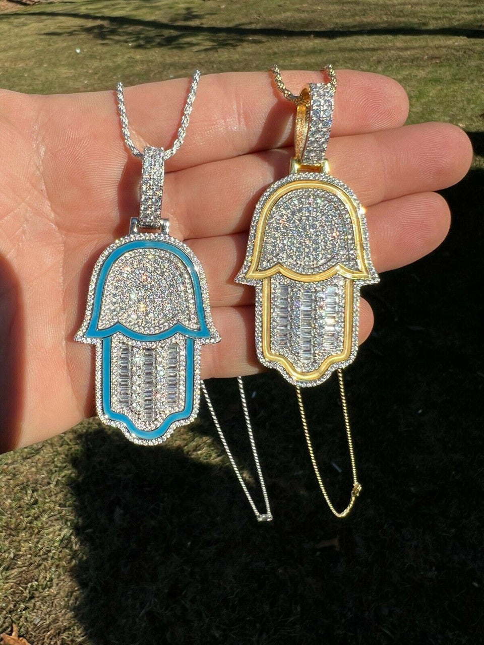 Hip Hop Real 925 Sterling Silver Gold Large Mens Hamsa Hand Pendant Ice Diamond Necklace