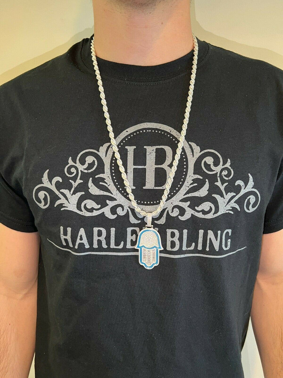 Hip Hop Real 925 Sterling Silver Gold Large Mens Hamsa Hand Pendant Ice Diamond Necklace