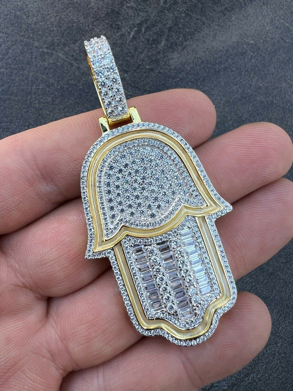Hip Hop Real 925 Sterling Silver Gold Large Mens Hamsa Hand Pendant Ice Diamond Necklace