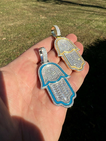 Hip Hop Real 925 Sterling Silver Gold Large Mens Hamsa Hand Pendant Ice Diamond Necklace