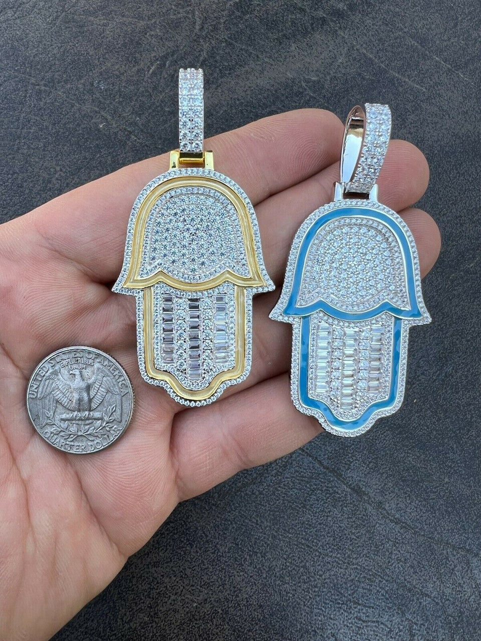 Hip Hop Real 925 Sterling Silver Gold Large Mens Hamsa Hand Pendant Ice Diamond Necklace