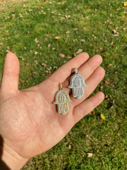 Hip Hop Real 925 Sterling Silver Hamsa Hand Pendant Iced Baguette Diamond Necklace Gold