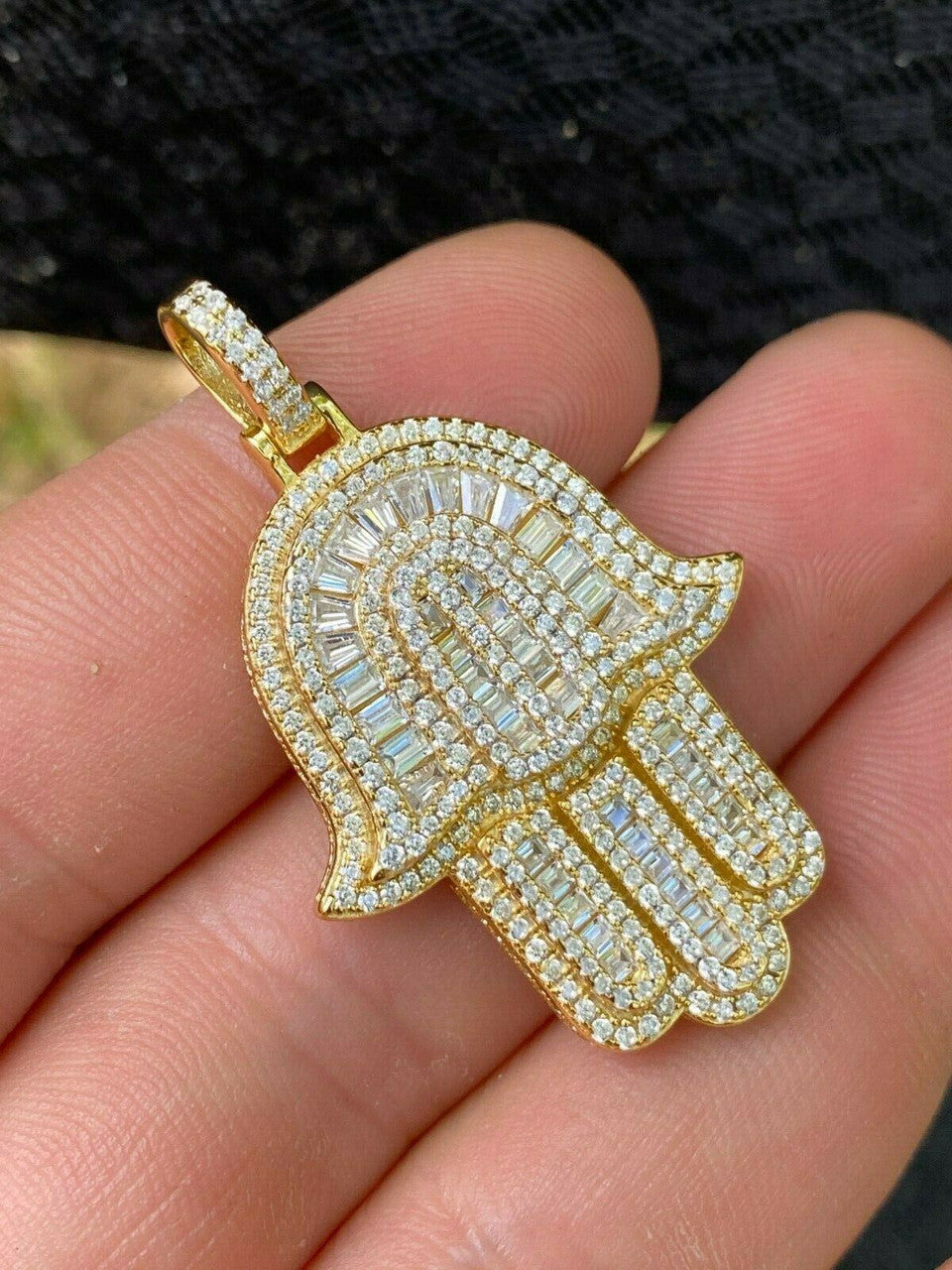Hip Hop Real 925 Sterling Silver Hamsa Hand Pendant Iced Baguette Diamond Necklace Gold