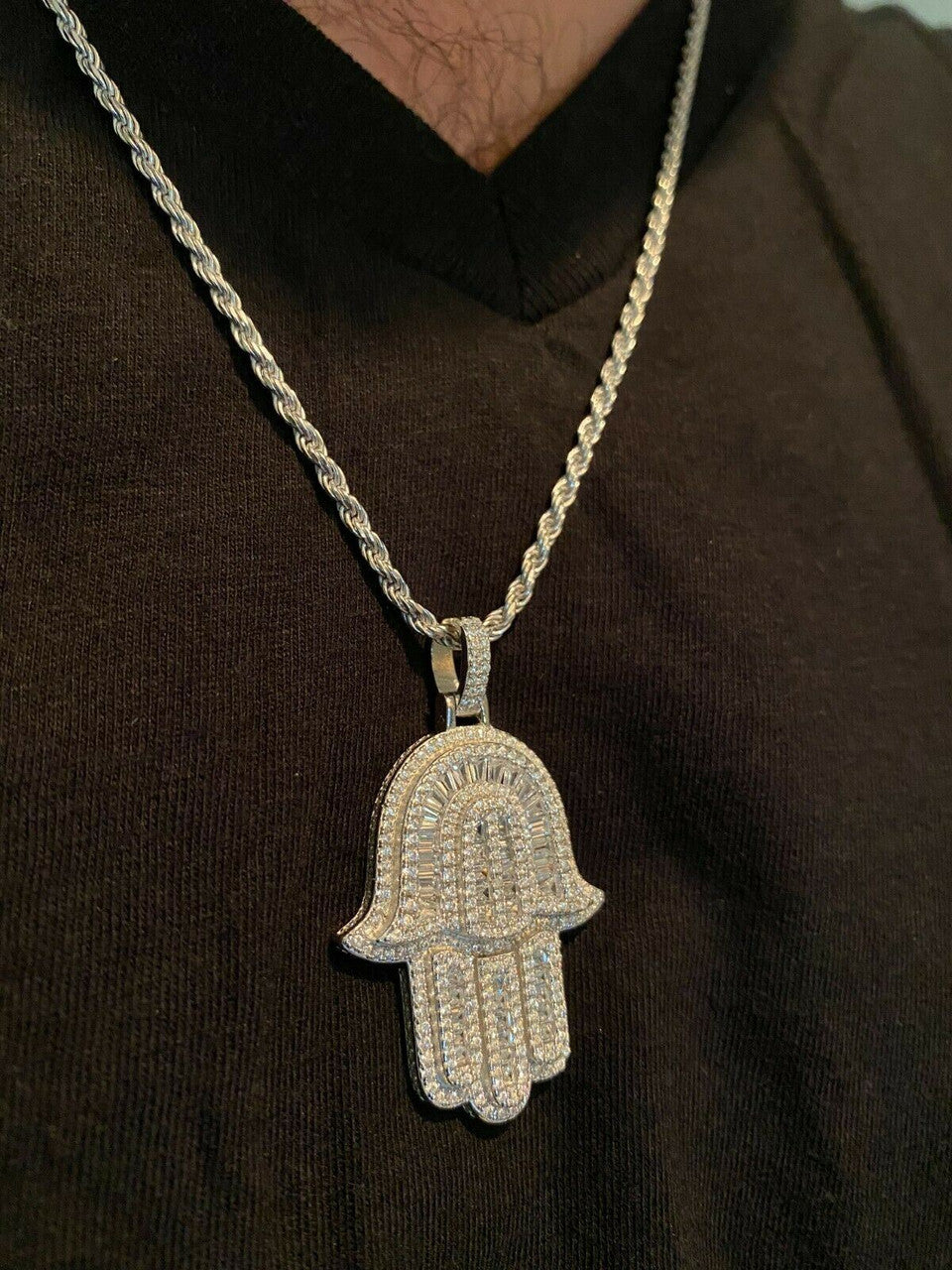 Hip Hop Real 925 Sterling Silver Hamsa Hand Pendant Iced Baguette Diamond Necklace Gold