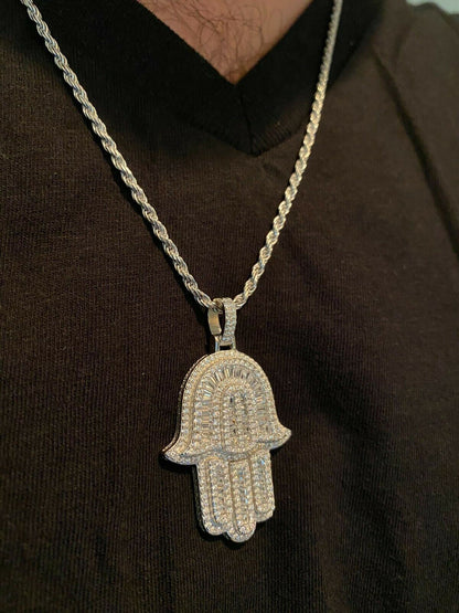Hip Hop Real 925 Sterling Silver Hamsa Hand Pendant Iced Baguette Diamond Necklace Gold