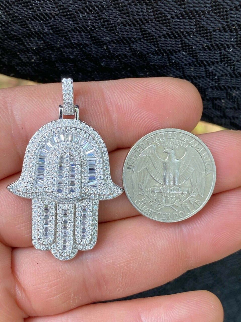 Hip Hop Real 925 Sterling Silver Hamsa Hand Pendant Iced Baguette Diamond Necklace Gold