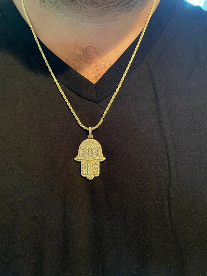 Hip Hop Real 925 Sterling Silver Hamsa Hand Pendant Iced Baguette Diamond Necklace Gold