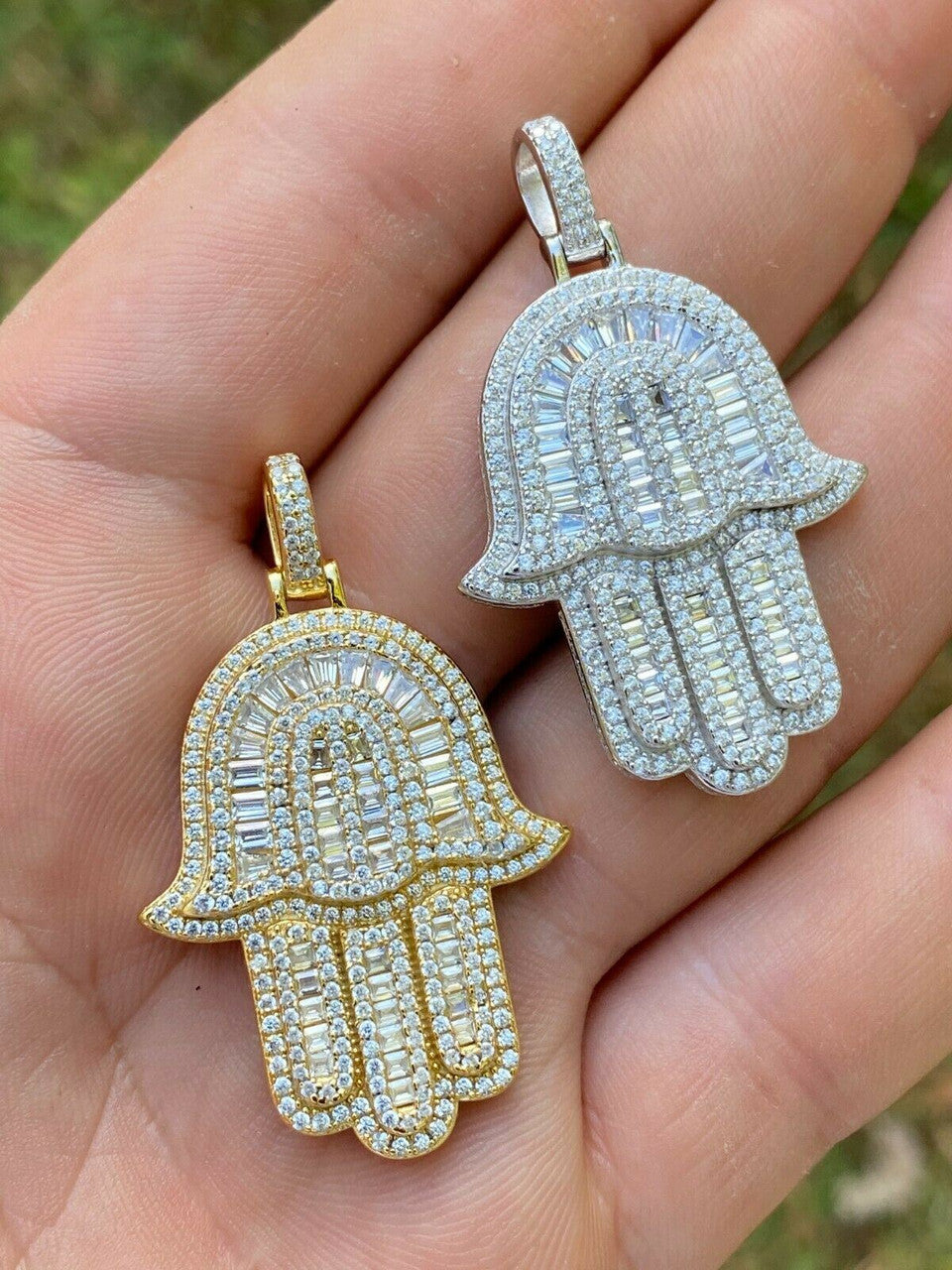Hip Hop Real 925 Sterling Silver Hamsa Hand Pendant Iced Baguette Diamond Necklace Gold