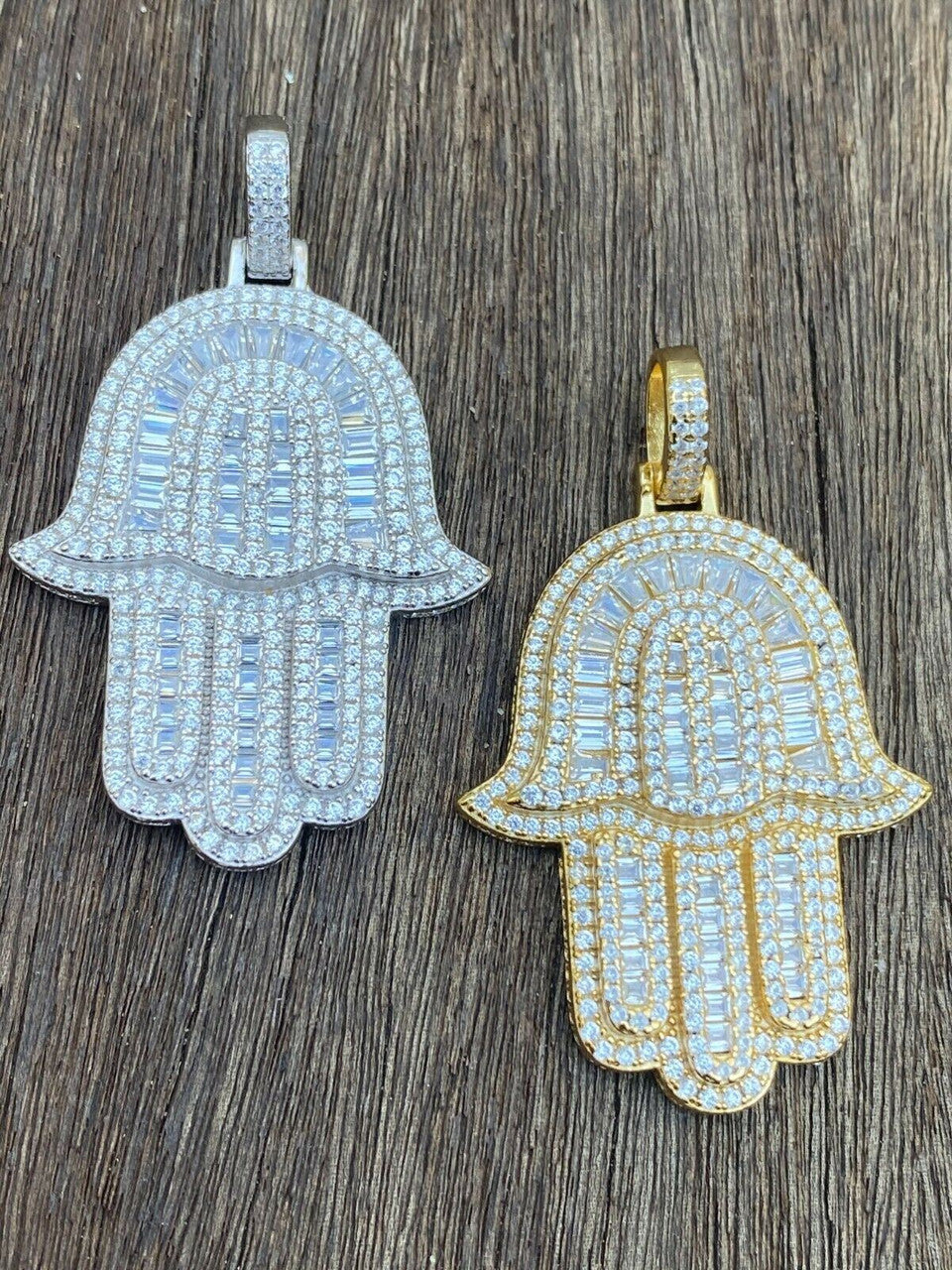 Hip Hop Real 925 Sterling Silver Hamsa Hand Pendant Iced Baguette Diamond Necklace Gold