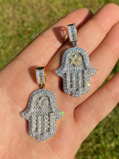 Hip Hop Real 925 Sterling Silver Hip Hop Hamsa Hand Star Of David Pendant Iced Diamond