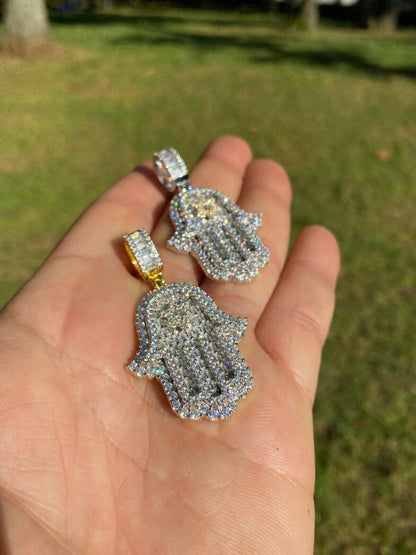 Hip Hop Real 925 Sterling Silver Hip Hop Hamsa Hand Star Of David Pendant Iced Diamond