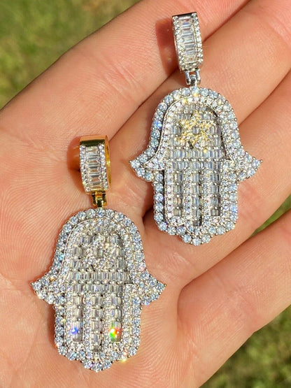 Hip Hop Real 925 Sterling Silver Hip Hop Hamsa Hand Star Of David Pendant Iced Diamond