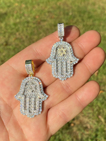 Hip Hop Real 925 Sterling Silver Hip Hop Hamsa Hand Star Of David Pendant Iced Diamond