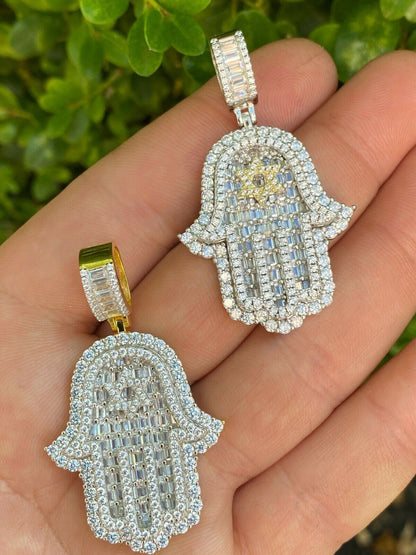 Hip Hop Real 925 Sterling Silver Hip Hop Hamsa Hand Star Of David Pendant Iced Diamond