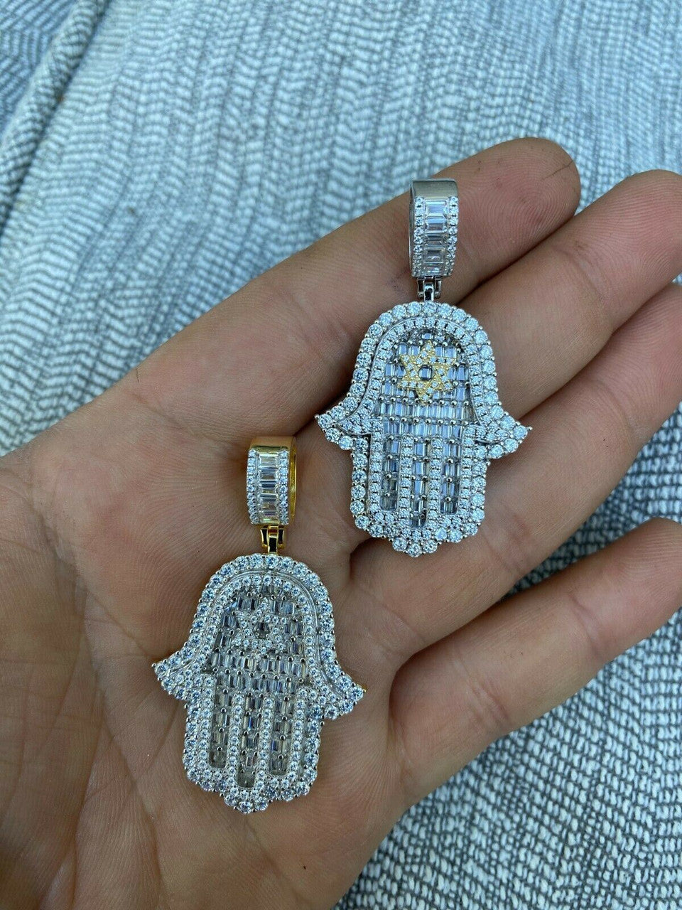 Hip Hop Real 925 Sterling Silver Hip Hop Hamsa Hand Star Of David Pendant Iced Diamond