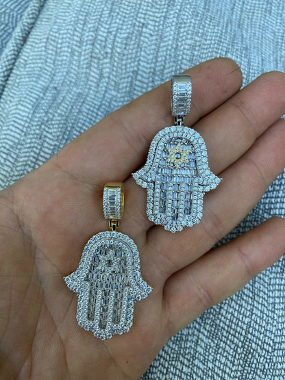 Hip Hop Real 925 Sterling Silver Hip Hop Hamsa Hand Star Of David Pendant Iced Diamond