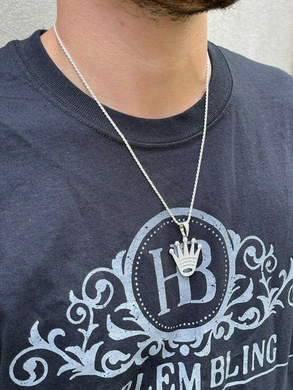 Hip Hop Real 925 Sterling Silver Hip Hop King Crown Pendant Iced Diamond Necklace Gold