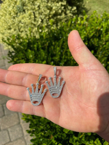 Hip Hop Real 925 Sterling Silver Hip Hop King Crown Pendant Iced Diamond Necklace Gold