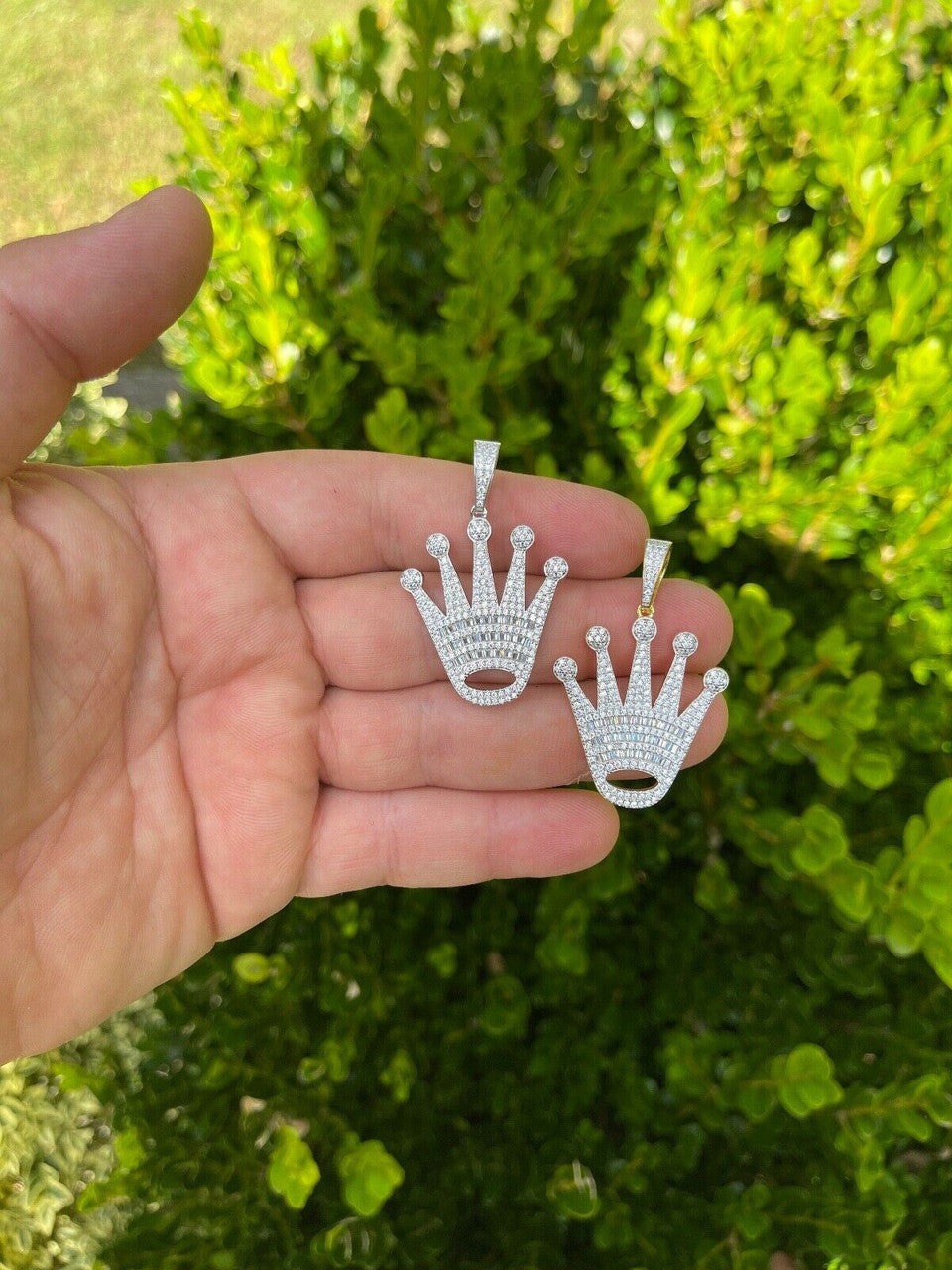 Hip Hop Real 925 Sterling Silver Hip Hop King Crown Pendant Iced Diamond Necklace Gold