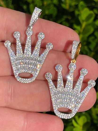 Hip Hop Real 925 Sterling Silver Hip Hop King Crown Pendant Iced Diamond Necklace Gold