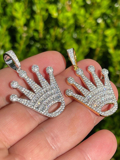 Hip Hop Real 925 Sterling Silver Hip Hop King Crown Pendant Iced Diamond Necklace Gold