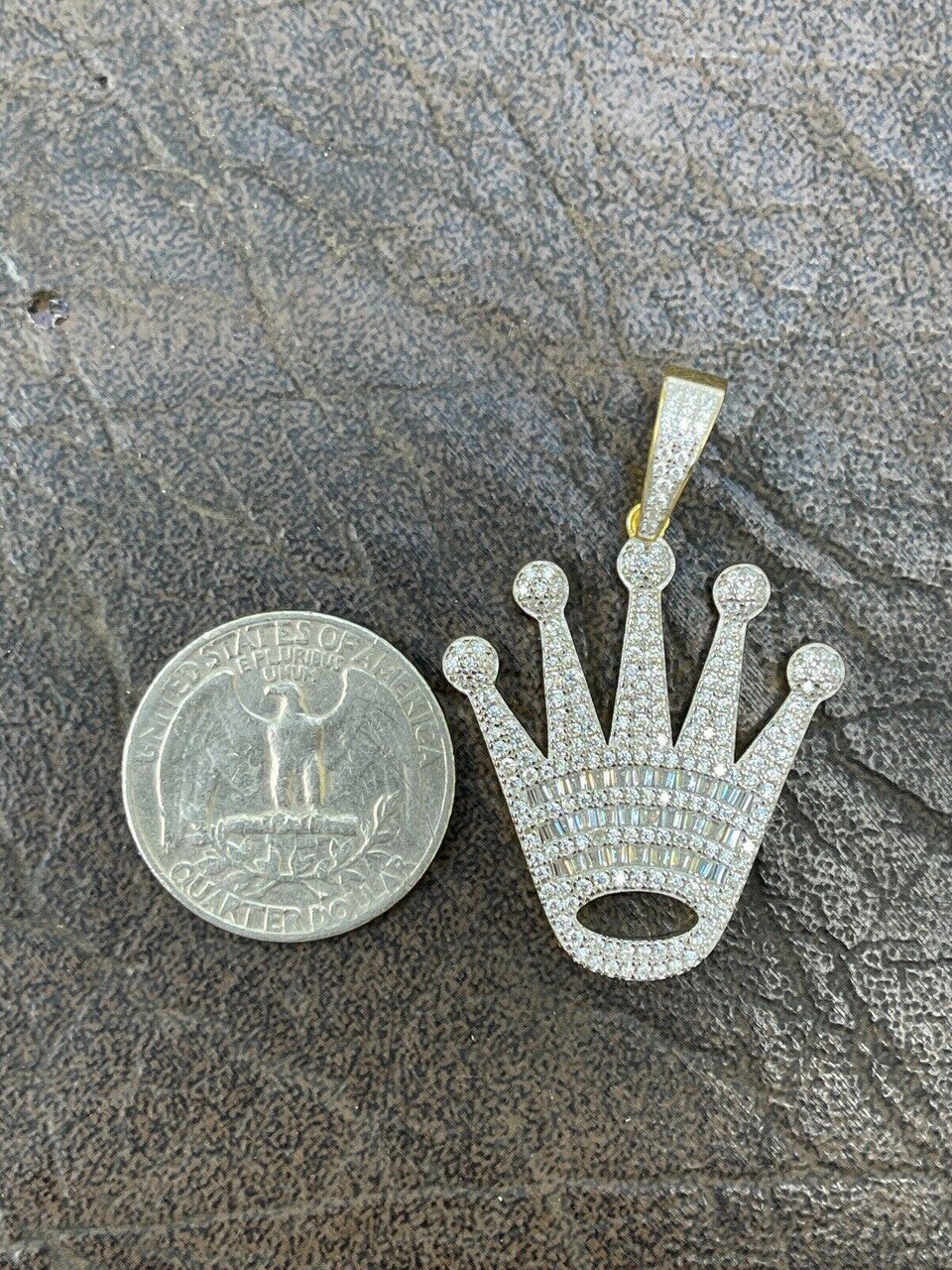 Hip Hop Real 925 Sterling Silver Hip Hop King Crown Pendant Iced Diamond Necklace Gold