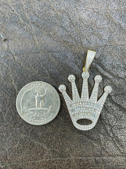 Hip Hop Real 925 Sterling Silver Hip Hop King Crown Pendant Iced Diamond Necklace Gold