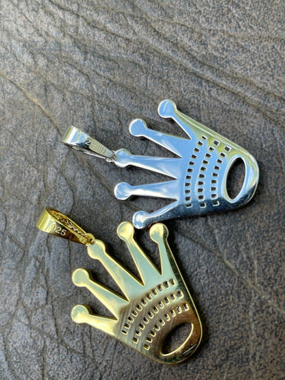 Hip Hop Real 925 Sterling Silver Hip Hop King Crown Pendant Iced Diamond Necklace Gold