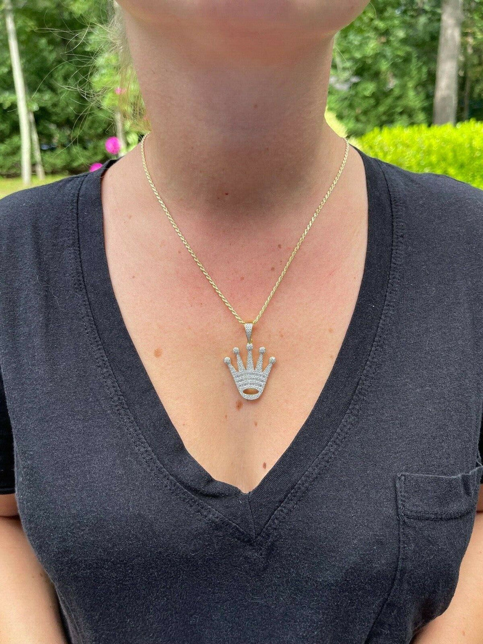 Hip Hop Real 925 Sterling Silver Hip Hop King Crown Pendant Iced Diamond Necklace Gold