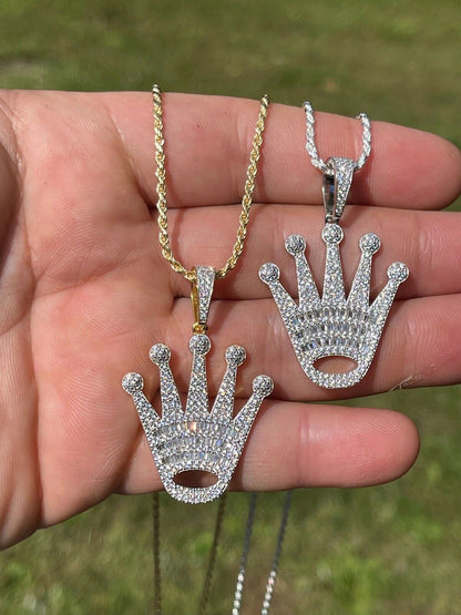 Hip Hop Real 925 Sterling Silver Hip Hop King Crown Pendant Iced Diamond Necklace Gold