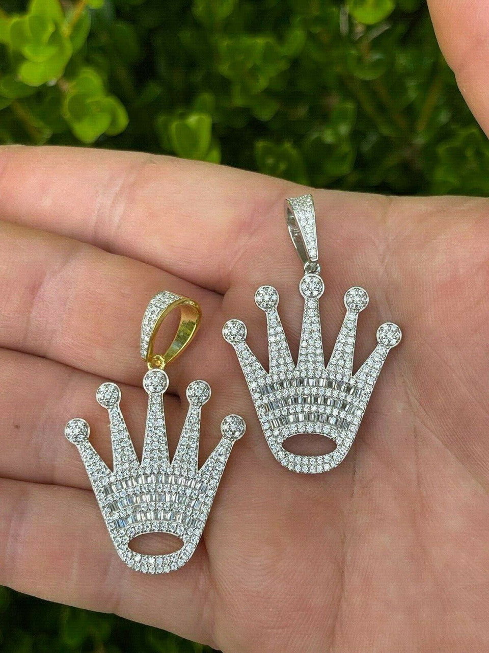 Hip Hop Real 925 Sterling Silver Hip Hop King Crown Pendant Iced Diamond Necklace Gold