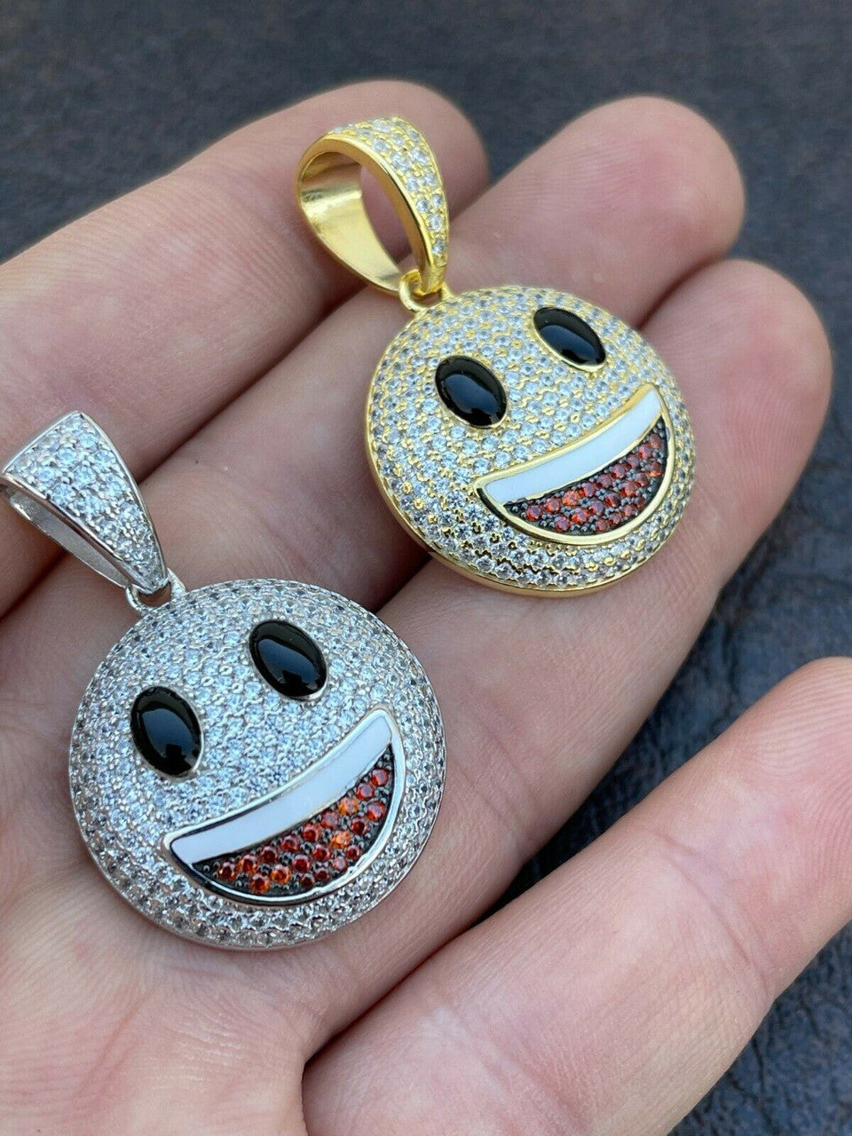 Hip Hop Real 925 Sterling Silver Hip Hop Smiley Face Emoji Pendant Necklace Iced Gold
