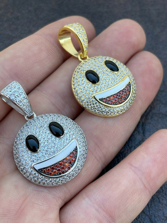 Hip Hop Real 925 Sterling Silver Hip Hop Smiley Face Emoji Pendant Necklace Iced Gold