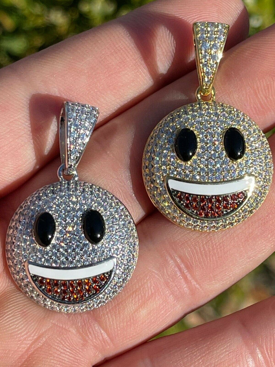 Hip Hop Real 925 Sterling Silver Hip Hop Smiley Face Emoji Pendant Necklace Iced Gold