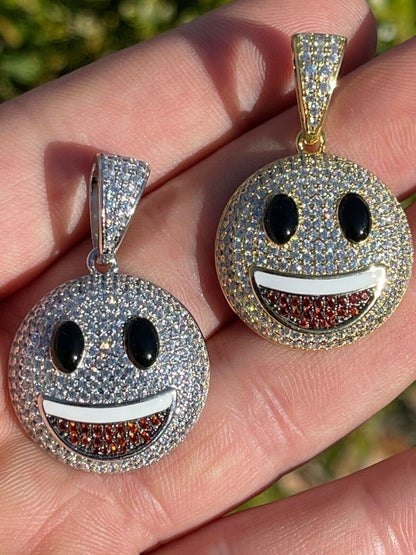 Hip Hop Real 925 Sterling Silver Hip Hop Smiley Face Emoji Pendant Necklace Iced Gold